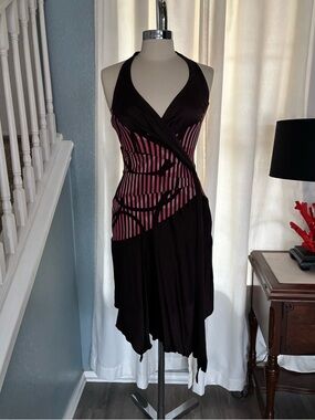 Vintage Y2k bebe Brown Halter Dress with Pink Stripe Bodice